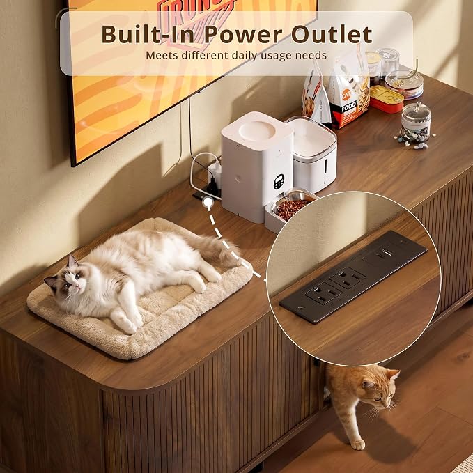 60" Double Cat Litter Box Enclosure with Power Outlet | Sliding tambour door. Built-in power outlet. 60" TV stand top. Walnut finish with 4.3" raised base.