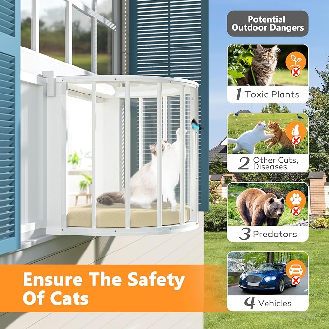 Cat Window Box, Semicircular Adjustable Cat Window Perch, Wooden Window Catio Fits Vertical Window Frames 26" to 42" Wide, Sunbathing, Napping & Overlooking