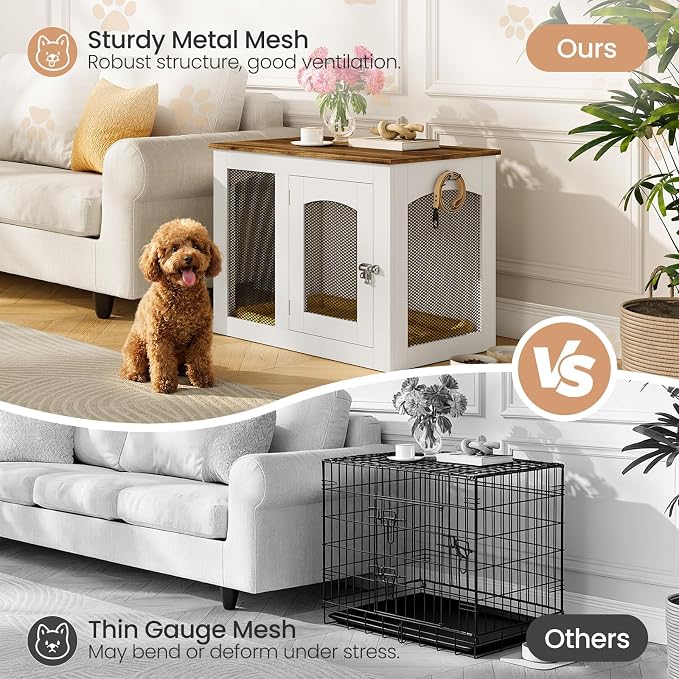 Wooden 30.1" Dog Crate Furniture, Farmhouse Pet Cage End Table with Secure Lock, Ventilated Mesh for Medium Dogs, Dog Kennel Furniture for Living Room, Bedroom, White and Walnut MGW02WL