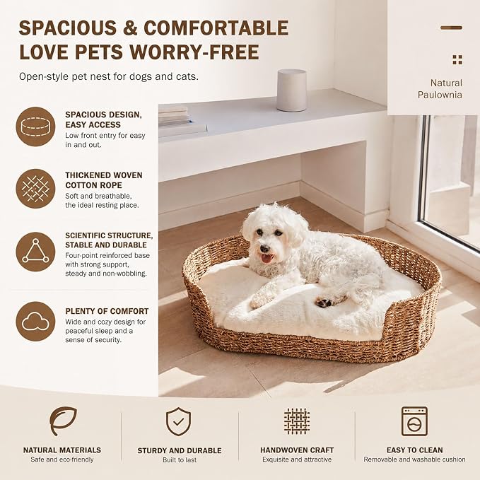 Natural Seagrass Pet Bed for Small Dogs & Indoor Cats, Handmade Woven Dog Bed with Soft Plush Cushion, Eco-Friendly PP Rattan Basket Pet Bed, Washable Cushion, Non-Slip Stable Base, to 26.4 lbs