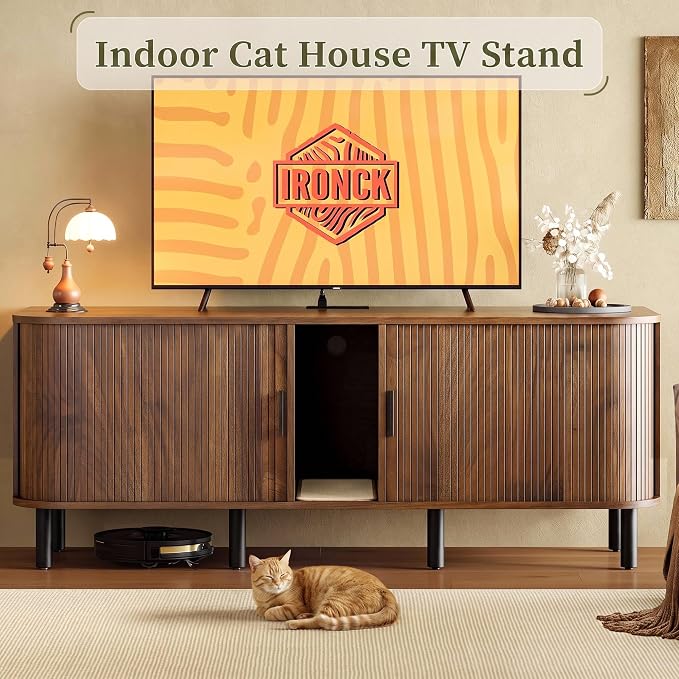 60" Double Cat Litter Box Enclosure with Power Outlet | Sliding tambour door. Built-in power outlet. 60" TV stand top. Walnut finish with 4.3" raised base.