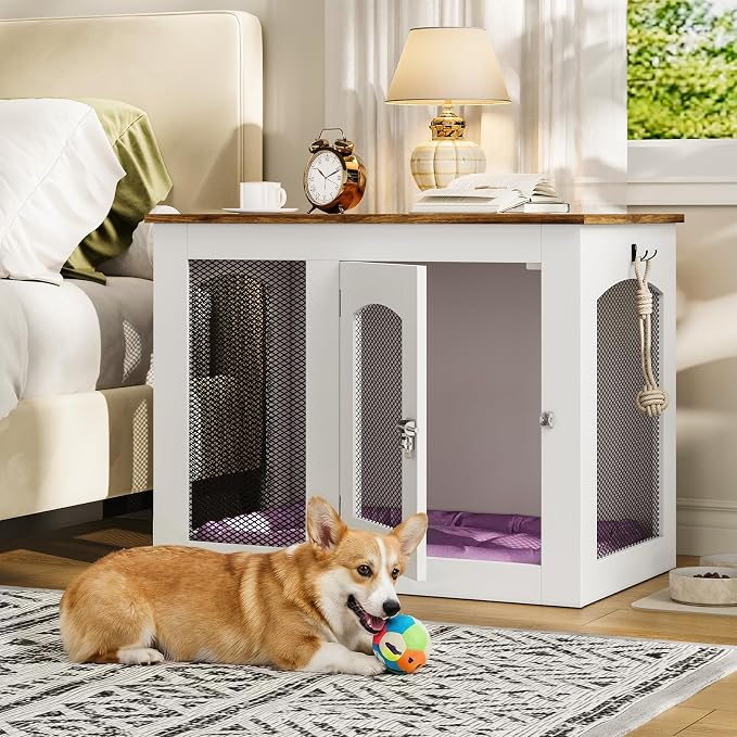 Wooden 30.1" Dog Crate Furniture, Farmhouse Pet Cage End Table with Secure Lock, Ventilated Mesh for Medium Dogs, Dog Kennel Furniture for Living Room, Bedroom, White and Walnut MGW02WL