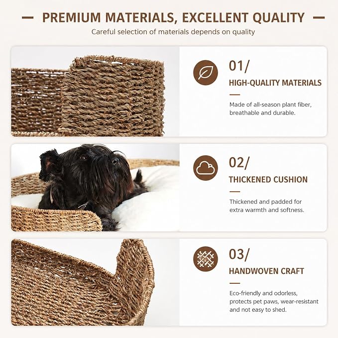 Natural Seagrass Pet Bed for Small Dogs & Indoor Cats, Handmade Woven Dog Bed with Soft Plush Cushion, Eco-Friendly PP Rattan Basket Pet Bed, Washable Cushion, Non-Slip Stable Base, to 26.4 lbs