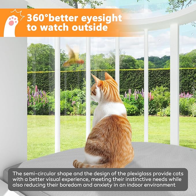 Cat Window Box, Semicircular Adjustable Cat Window Perch, Wooden Window Catio Fits Vertical Window Frames 26" to 42" Wide, Sunbathing, Napping & Overlooking
