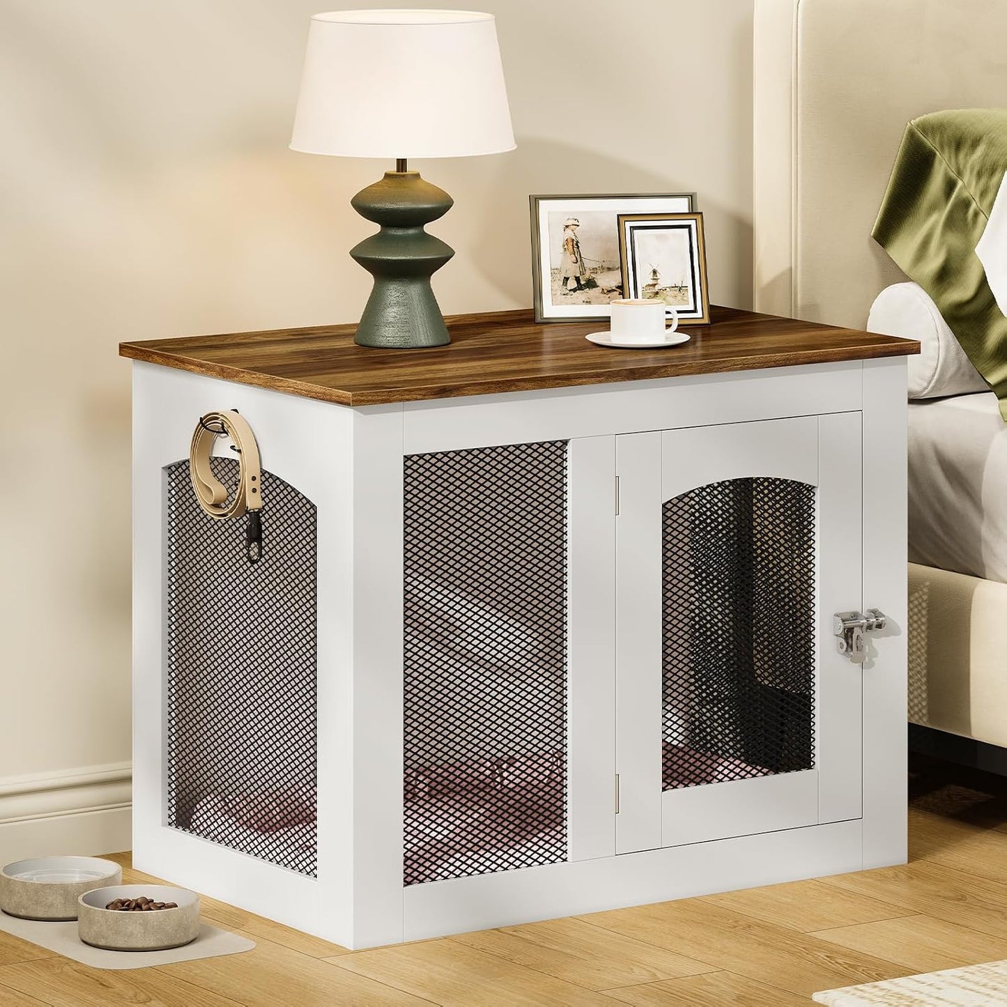 Wooden 30.1" Dog Crate Furniture, Farmhouse Pet Cage End Table with Secure Lock, Ventilated Mesh for Medium Dogs, Dog Kennel Furniture for Living Room, Bedroom, White and Walnut MGW02WL