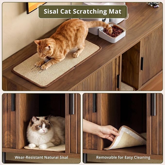 60" Double Cat Litter Box Enclosure with Power Outlet | Sliding tambour door. Built-in power outlet. 60" TV stand top. Walnut finish with 4.3" raised base.