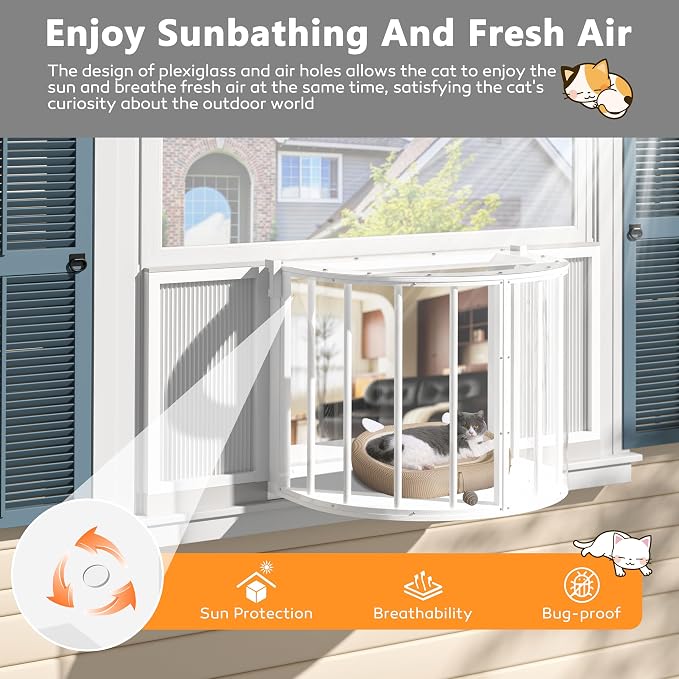 Cat Window Box, Semicircular Adjustable Cat Window Perch, Wooden Window Catio Fits Vertical Window Frames 26" to 42" Wide, Sunbathing, Napping & Overlooking