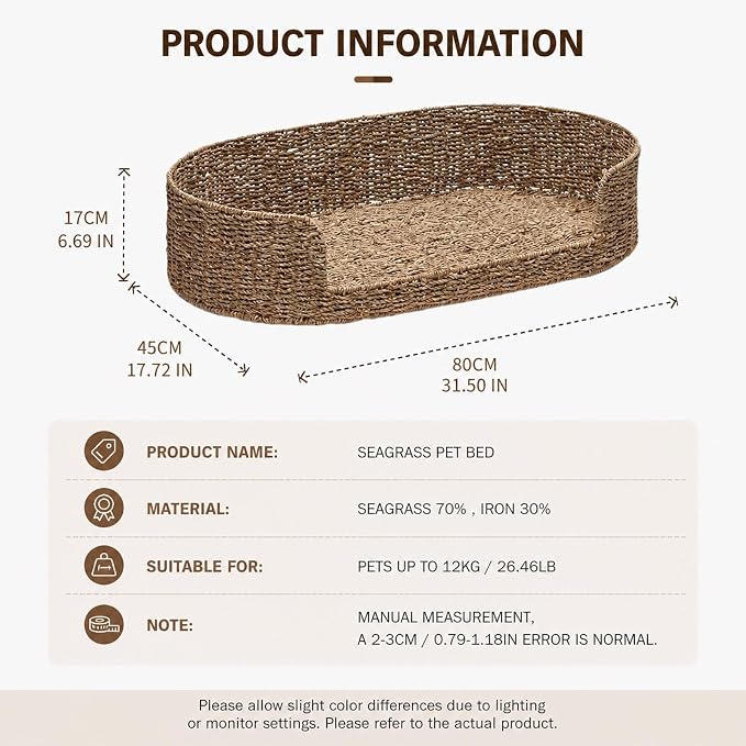 Natural Seagrass Pet Bed for Small Dogs & Indoor Cats, Handmade Woven Dog Bed with Soft Plush Cushion, Eco-Friendly PP Rattan Basket Pet Bed, Washable Cushion, Non-Slip Stable Base, to 26.4 lbs