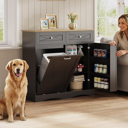 37" High Dog Feeding Station with Storage Drawer, Pet Organizers and Storage Adjustable Shelf, Dog Feeder Station, Pet Storage Cabinet for Cats and Dogs (White)