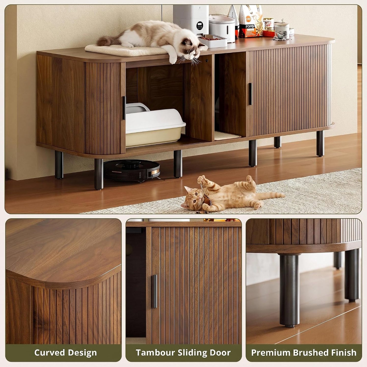 60" Double Cat Litter Box Enclosure with Power Outlet | Sliding tambour door. Built-in power outlet. 60" TV stand top. Walnut finish with 4.3" raised base.