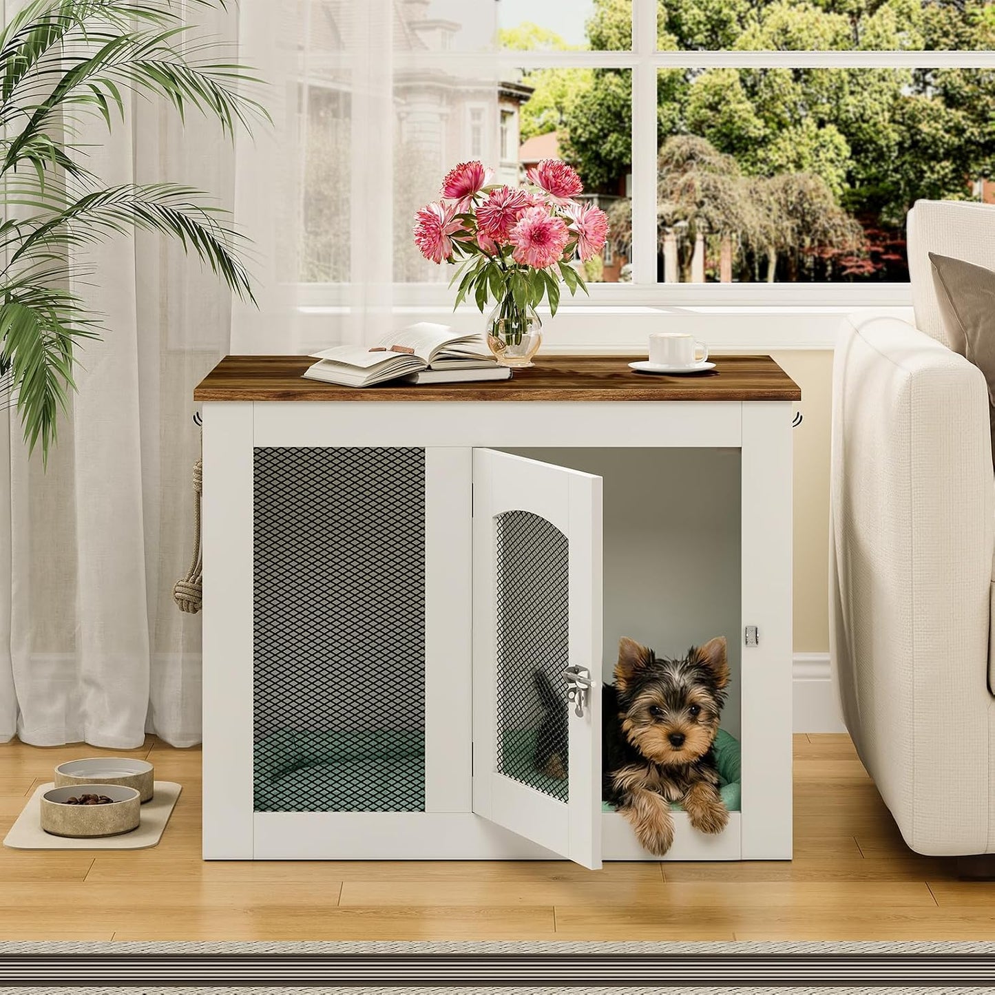 Wooden 30.1" Dog Crate Furniture, Farmhouse Pet Cage End Table with Secure Lock, Ventilated Mesh for Medium Dogs, Dog Kennel Furniture for Living Room, Bedroom, White and Walnut MGW02WL