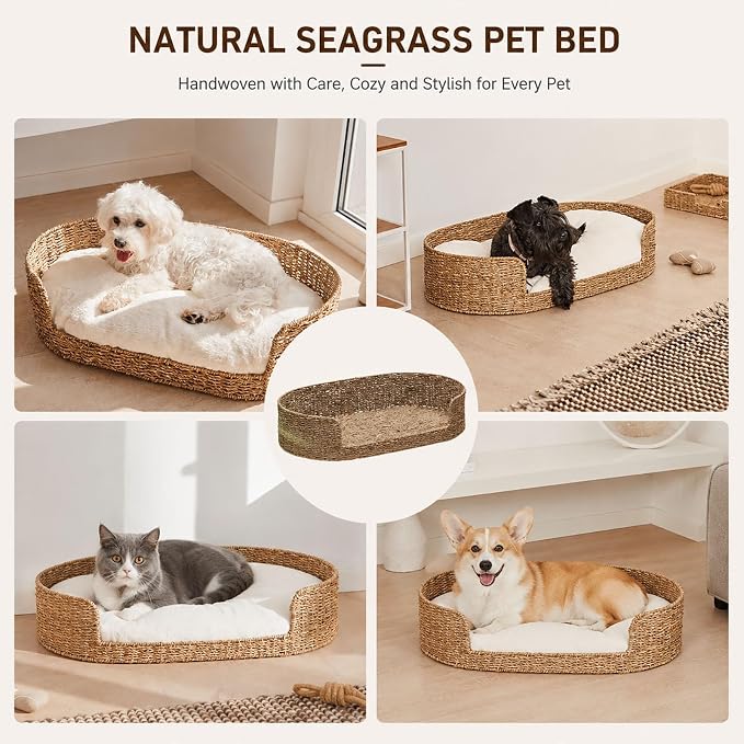 Natural Seagrass Pet Bed for Small Dogs & Indoor Cats, Handmade Woven Dog Bed with Soft Plush Cushion, Eco-Friendly PP Rattan Basket Pet Bed, Washable Cushion, Non-Slip Stable Base, to 26.4 lbs