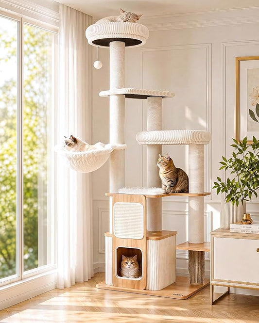 63" Wooden Cat Tree, Modern Cat Tower, Self-Grooming Brush, Walnut | Heavy Duty Cat Tree, Cats Furniture, for Large Cats up to 15 lbs, Climbing Post, Plush Top Perch, Stable Base, Cozy Cat Condo