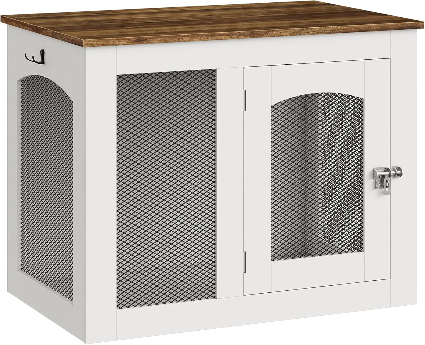 Wooden 30.1" Dog Crate Furniture, Farmhouse Pet Cage End Table with Secure Lock, Ventilated Mesh for Medium Dogs, Dog Kennel Furniture for Living Room, Bedroom, White and Walnut MGW02WL