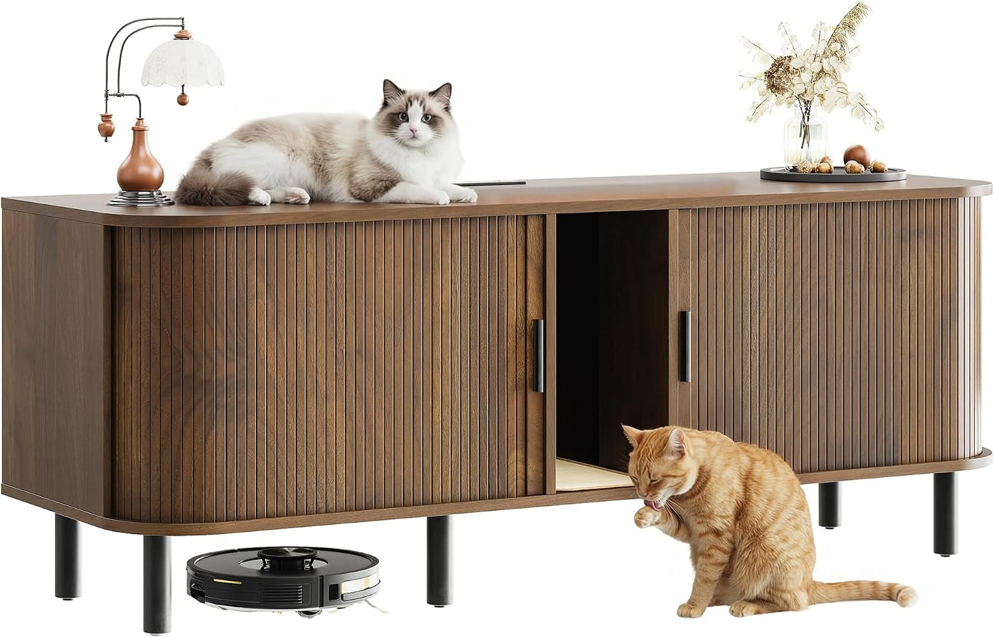 60" Double Cat Litter Box Enclosure with Power Outlet | Sliding tambour door. Built-in power outlet. 60" TV stand top. Walnut finish with 4.3" raised base.