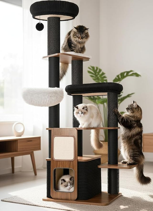 63" Wooden Cat Tree, Modern Cat Tower, Self-Grooming Brush, Walnut | Heavy Duty Cat Tree, Cats Furniture, for Large Cats up to 15 lbs, Climbing Post, Plush Top Perch, Stable Base, Cozy Cat Condo