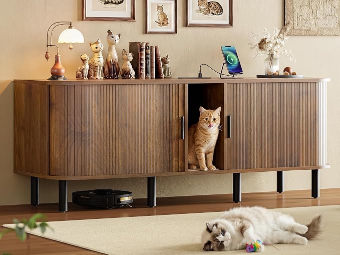 60" Double Cat Litter Box Enclosure with Power Outlet | Sliding tambour door. Built-in power outlet. 60" TV stand top. Walnut finish with 4.3" raised base.