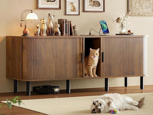 60" Double Cat Litter Box Enclosure with Power Outlet | Sliding tambour door. Built-in power outlet. 60" TV stand top. Walnut finish with 4.3" raised base.