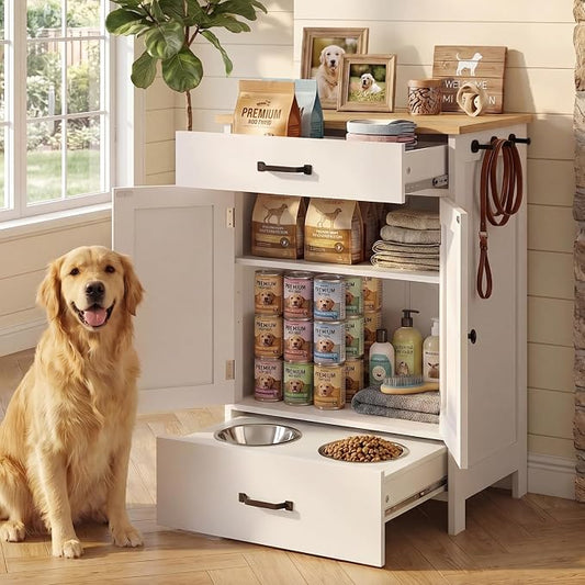Dog Feeding Station Food Storage with 2 Elevated Stainless Bowls White Wood | Pet Organizer Cabinet With Adjustable Shelf Sliding Drawer Hidden Feeder ,Toy Organization Container for Cats & Dogs