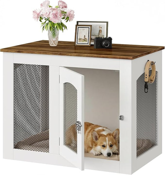 Wooden 30.1" Dog Crate Furniture, Farmhouse Pet Cage End Table with Secure Lock, Ventilated Mesh for Medium Dogs, Dog Kennel Furniture for Living Room, Bedroom, White and Walnut MGW02WL