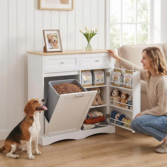 37" High Dog Feeding Station with Storage Drawer, Pet Organizers and Storage Adjustable Shelf, Dog Feeder Station, Pet Storage Cabinet for Cats and Dogs (White)