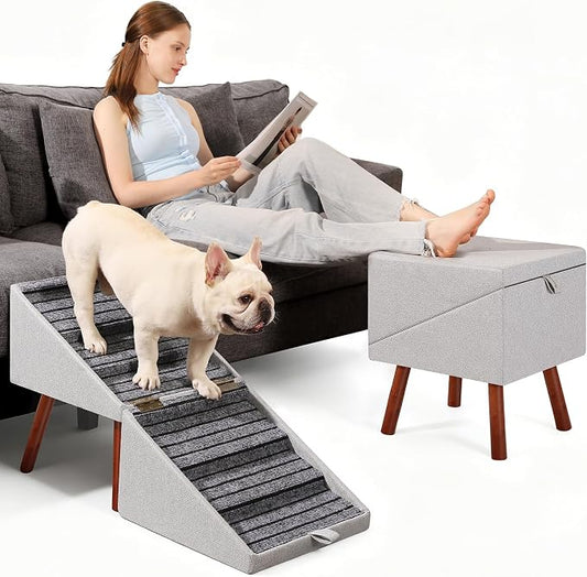 2-in-1 Foldable Ottoman Dog Ramp for Couch(6-Steps) | Convertible Folding Dog Stairs for Couch and Bed,Non-Slip Wooden Pet Stairs for Puppy Senior Injured Dogs