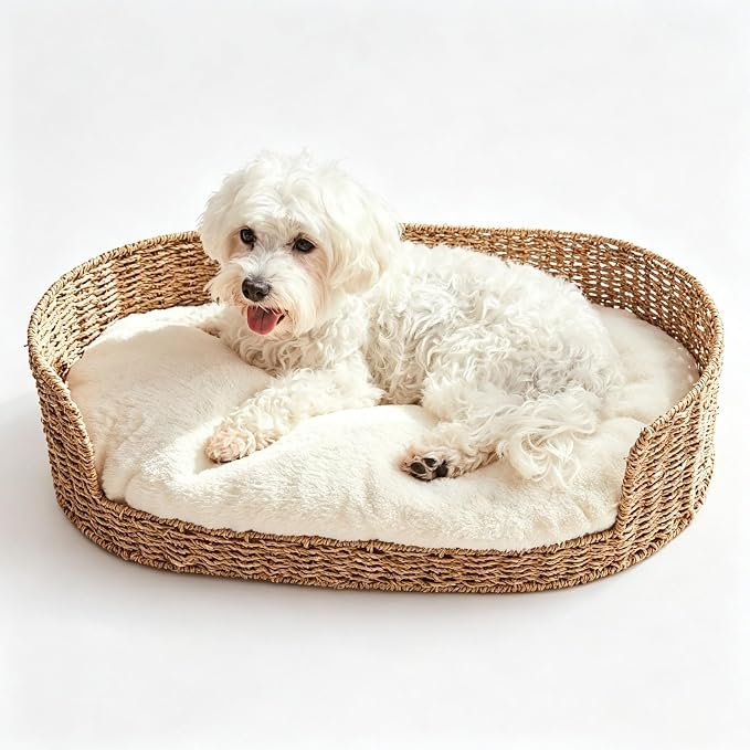 Natural Seagrass Pet Bed for Small Dogs & Indoor Cats, Handmade Woven Dog Bed with Soft Plush Cushion, Eco-Friendly PP Rattan Basket Pet Bed, Washable Cushion, Non-Slip Stable Base, to 26.4 lbs