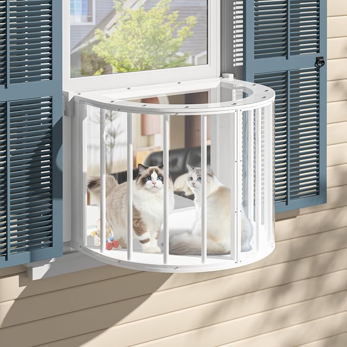 Cat Window Box, Semicircular Adjustable Cat Window Perch, Wooden Window Catio Fits Vertical Window Frames 26" to 42" Wide, Sunbathing, Napping & Overlooking