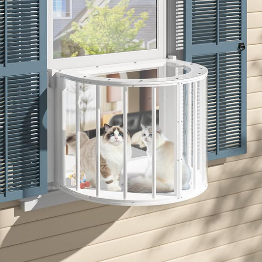 Cat Window Box, Semicircular Adjustable Cat Window Perch, Wooden Window Catio Fits Vertical Window Frames 26" to 42" Wide, Sunbathing, Napping & Overlooking