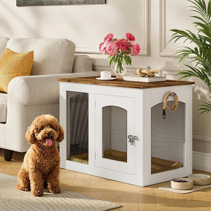 Wooden 30.1" Dog Crate Furniture, Farmhouse Pet Cage End Table with Secure Lock, Ventilated Mesh for Medium Dogs, Dog Kennel Furniture for Living Room, Bedroom, White and Walnut MGW02WL