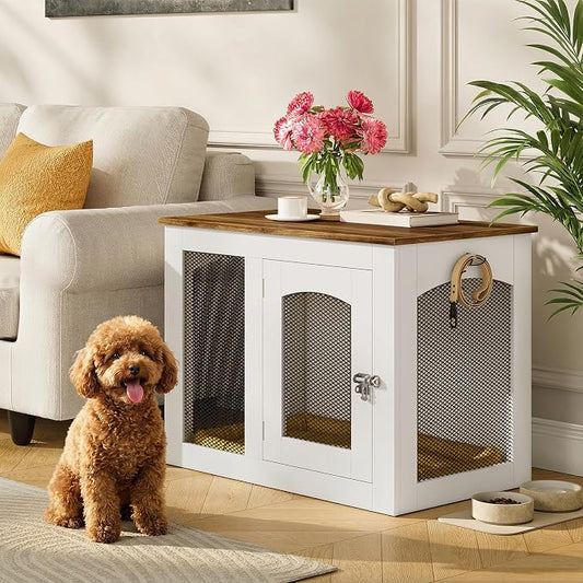 Wooden 30.1" Dog Crate Furniture, Farmhouse Pet Cage End Table with Secure Lock, Ventilated Mesh for Medium Dogs, Dog Kennel Furniture for Living Room, Bedroom, White and Walnut MGW02WL