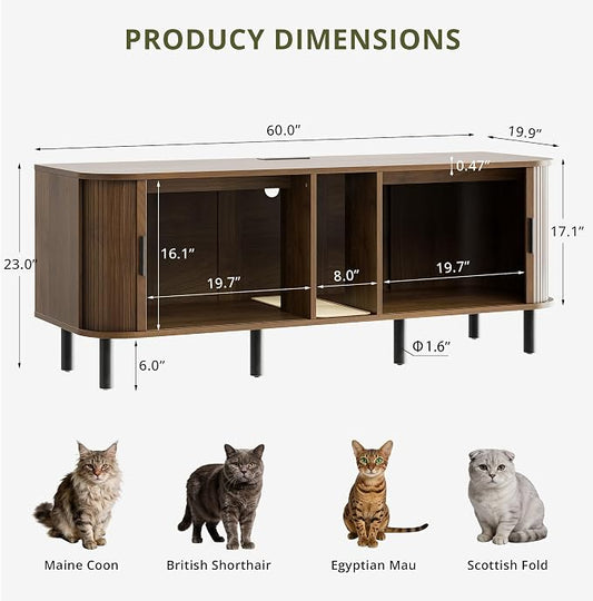 60" Double Cat Litter Box Enclosure with Power Outlet | Sliding tambour door. Built-in power outlet. 60" TV stand top. Walnut finish with 4.3" raised base.