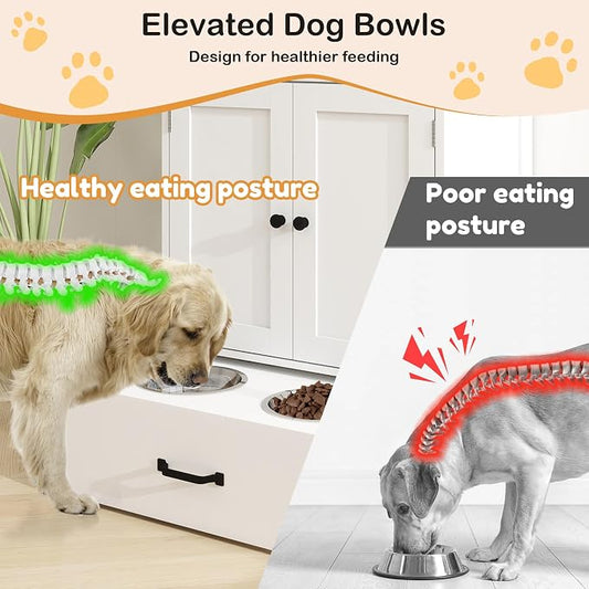 Dog Feeding Station Food Storage with 2 Elevated Stainless Bowls White Wood | Pet Organizer Cabinet With Adjustable Shelf Sliding Drawer Hidden Feeder ,Toy Organization Container for Cats & Dogs