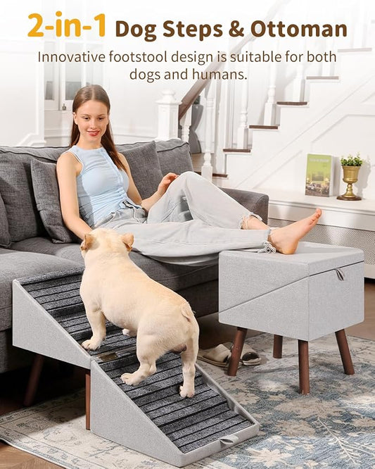 2-in-1 Foldable Ottoman Dog Ramp for Couch(6-Steps) | Convertible Folding Dog Stairs for Couch and Bed,Non-Slip Wooden Pet Stairs for Puppy Senior Injured Dogs