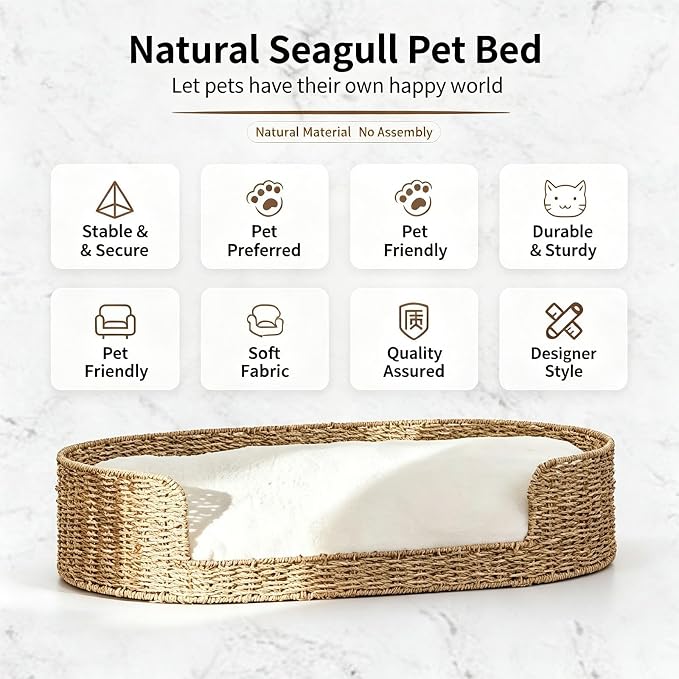 Natural Seagrass Pet Bed for Small Dogs & Indoor Cats, Handmade Woven Dog Bed with Soft Plush Cushion, Eco-Friendly PP Rattan Basket Pet Bed, Washable Cushion, Non-Slip Stable Base, to 26.4 lbs