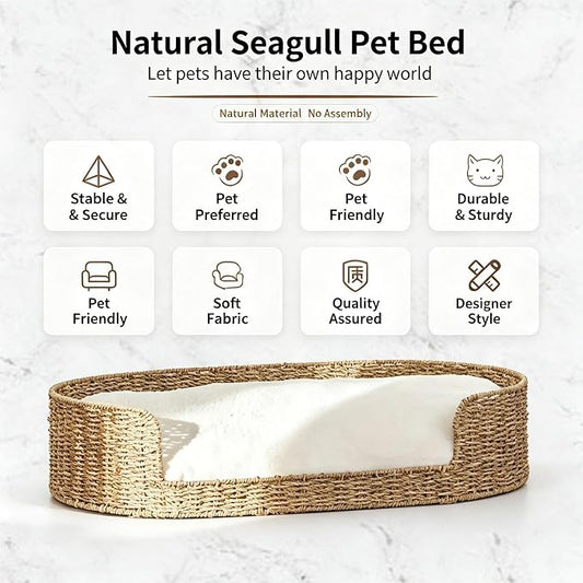 Natural Seagrass Pet Bed for Small Dogs & Indoor Cats, Handmade Woven Dog Bed with Soft Plush Cushion, Eco-Friendly PP Rattan Basket Pet Bed, Washable Cushion, Non-Slip Stable Base, to 26.4 lbs