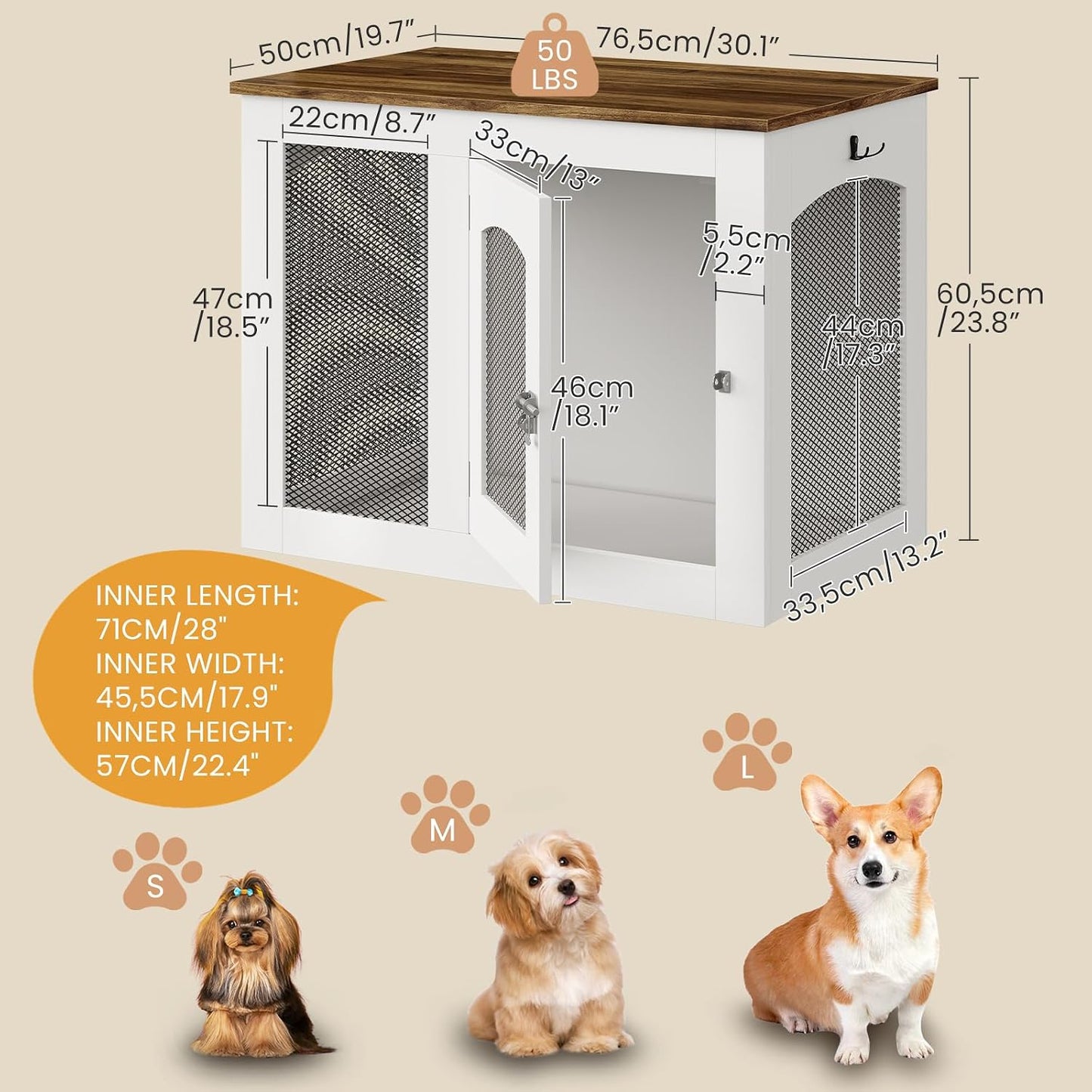 Wooden 30.1" Dog Crate Furniture, Farmhouse Pet Cage End Table with Secure Lock, Ventilated Mesh for Medium Dogs, Dog Kennel Furniture for Living Room, Bedroom, White and Walnut MGW02WL
