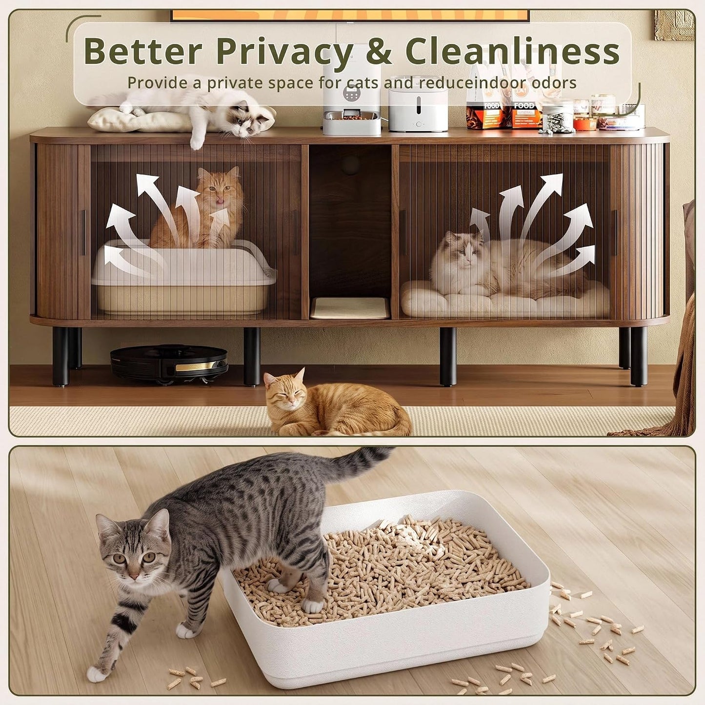 60" Double Cat Litter Box Enclosure with Power Outlet | Sliding tambour door. Built-in power outlet. 60" TV stand top. Walnut finish with 4.3" raised base.